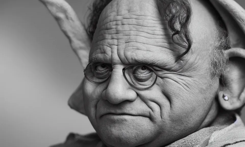 Prompt: Danny DeVito as Yoda, cinematic photography, portrait, 35mm f1.8