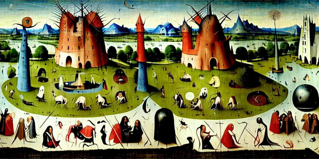 Image similar to a beautiful painting of a civilization by hieronymous bosch