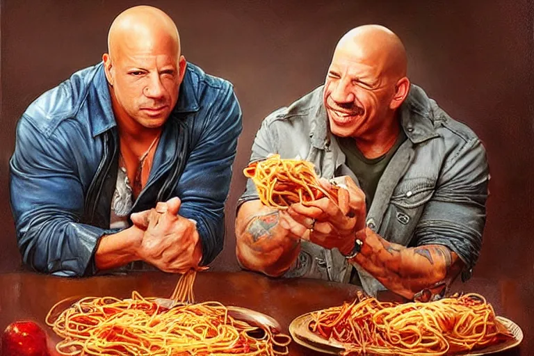 Image similar to portrait of vin diesel and danny trejo sharing spaghetti, an oil painting by ross tran and thomas kincade