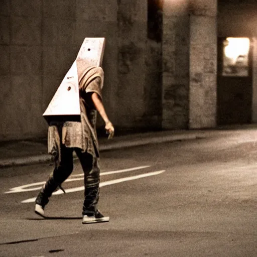 Prompt: Photo of Pyramid Head from Silent Hill skateboarding on city streets