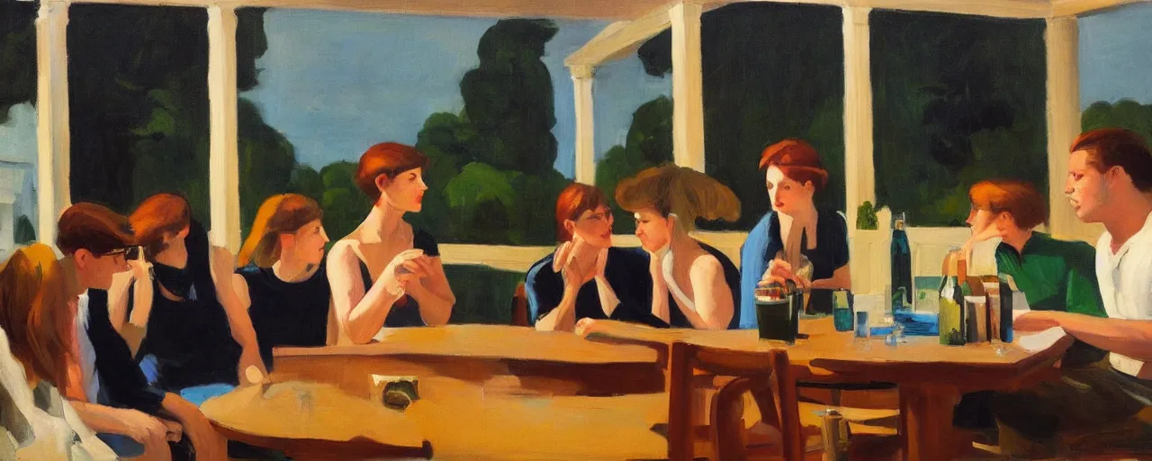 Image similar to a group of gen z friends sitting around talking about climate change while drinking old fashions, in the style of an edward hopper painting