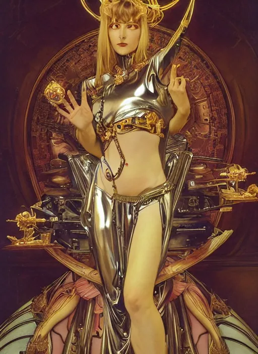 Prompt: Robotic beautiful Priestess posing in front of an altar by Hajime Sorayama and Henry Fuseli, alphonse mucha , dramatic lighting