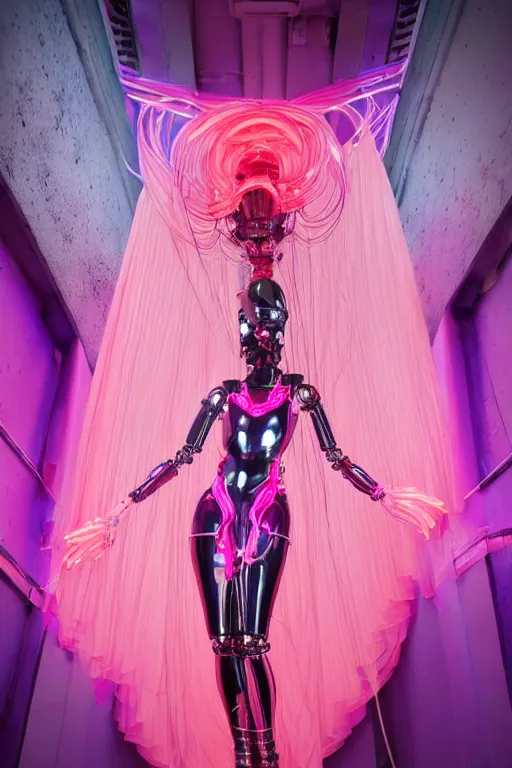 Image similar to full-body baroque and bladerunner style pink neon and chrome statue of a beautiful pale priestess robot goddess humanoid wearing a see-through silk kimono, suspended from the ceiling with wire cables, glowing peach face, street hoody of red steampunk lasers, emeralds, swirling silver silk fabric. futuristic elements. oozing glowing liquid, full-length view. space robots. human skulls. throne made of bones, intricate artwork by caravaggio. Trending on artstation, octane render, cinematic lighting from the right, hyper realism, octane render, 8k, depth of field, 3D