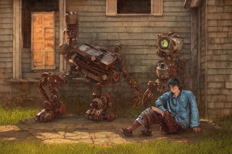 Image similar to close up of a big old rusty robot and a boy sitting on the porch of an old house, by artgerm, by greg rutkowski, by brian froud!!! octane render, hd, evening mood, dynamic lighting