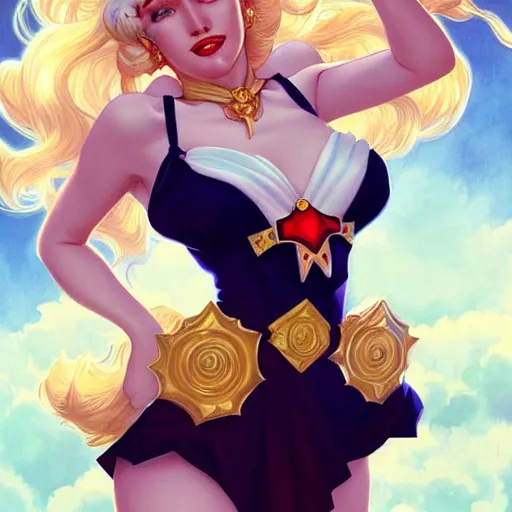 Prompt: Blonde Marilyn Monroe as Sailor Moon, western, D&D, fantasy, intricate, elegant, highly detailed, digital painting, artstation, concept art, matte, sharp focus, illustration, art by Artgerm and Greg Rutkowski and Alphonse Mucha