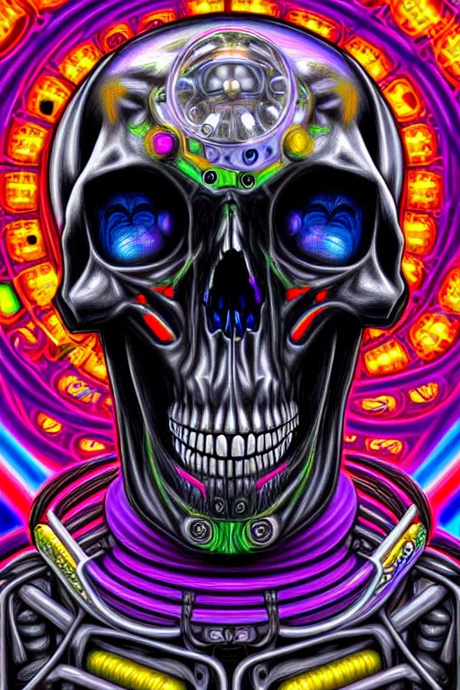 Image similar to maximalist detailed scifi robot skull portrait. lowbrow scifi artwork by kidsquidy and binx. ly. ray tracing hdr polished sharp in visionary psychedelic fineart style inspired by alex grey and cameron gray