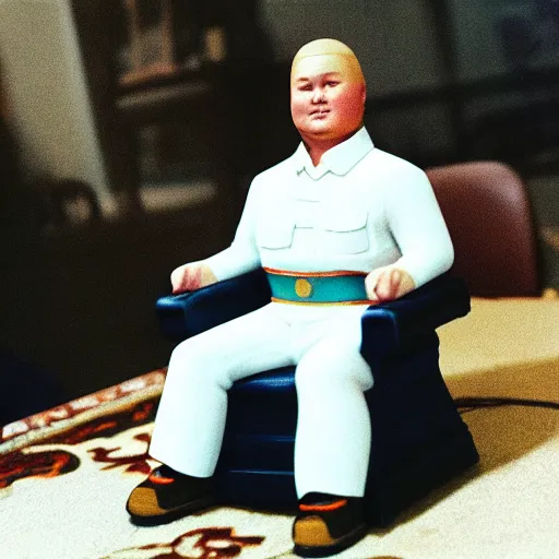 Image similar to Real life Bobby Hill sits on his throne as emperor of Hill Dynasty China, 35mm film