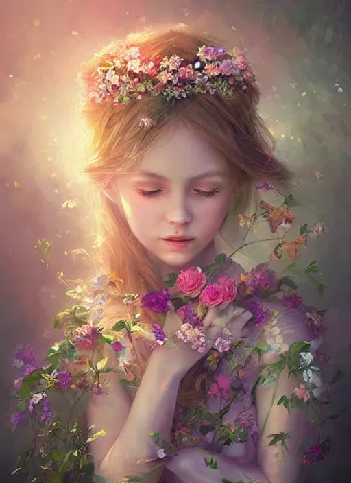 Prompt: a gorgeous flower princess portrait by WLOP, digital painting, beautiful lighting, mystical, detailed flowers, 🌺 cgsociety