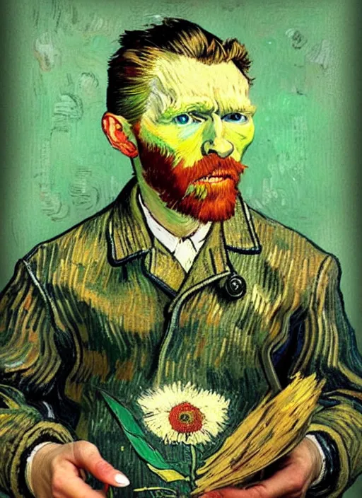 Image similar to hyper realistic painted vincent van gogh holding a flower drawn by chiara bautista and norman rockwell and greg rutkowski weta studio, and lucasfilm