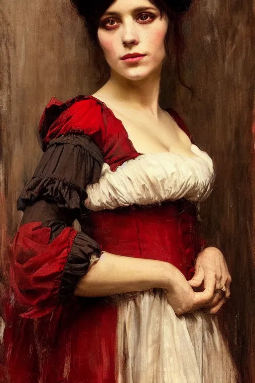 Image similar to Solomon Joseph Solomon and Richard Schmid and Jeremy Lipking victorian genre painting full length portrait painting of a young beautiful woman traditional german french pirate wench in fantasy costume, red background