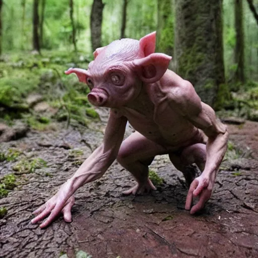 Image similar to gollum with body of a pig, rainy forest , trail cam