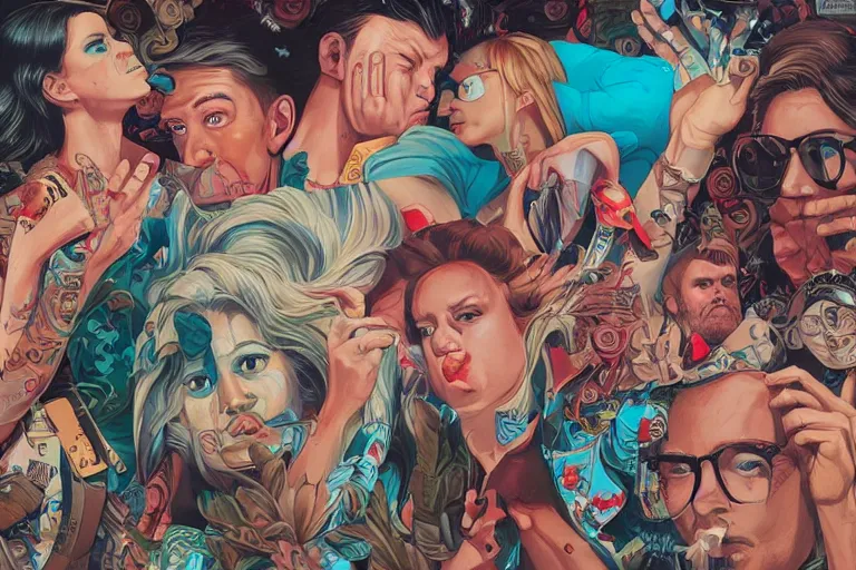 Image similar to Drunks people in bar, Tristan Eaton, victo ngai, artgerm, RHADS, ross draws