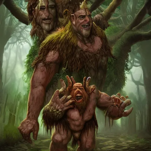 Image similar to a giant ettin with two heads from dnd in a dark forest, digital art, high quality render, artstation