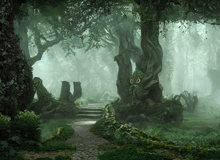 Image similar to secret garden, pathway, scary monster statues, trees with faces, in the style of pan's labyrinth movie, spooky, very dark, concept art, unreal engine 5, matte painting, artstation, caspar friedrich