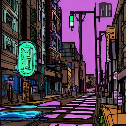 Image similar to stark street in portland oregon, cyberpunk, digital painting