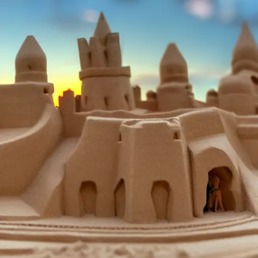 Prompt: gigantic human crowds inside sandcastle, coronation of the sand queen, sunset, tiltshift