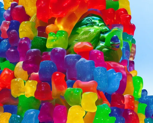 Prompt: a giant sculpture made out of thousands of tons of gummy bears in a human head shape, on the surface of the ocean, in the style of chad knight, long shot, hyper detailed, hyper realistic, ray tracing, 8 k resolution, sharp focus, realistic water, award winning sculpture