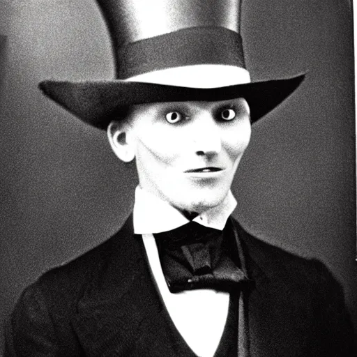 Image similar to black and white photo of a disturbing humanoid with sharp teeth and black eyes wearing a top hat