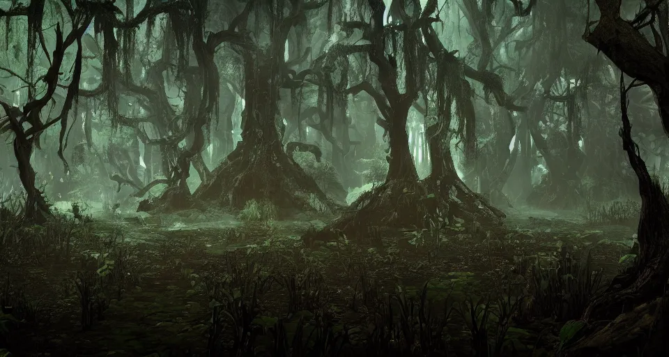 Image similar to A dense and dark enchanted forest with a swamp, from Guild Wars