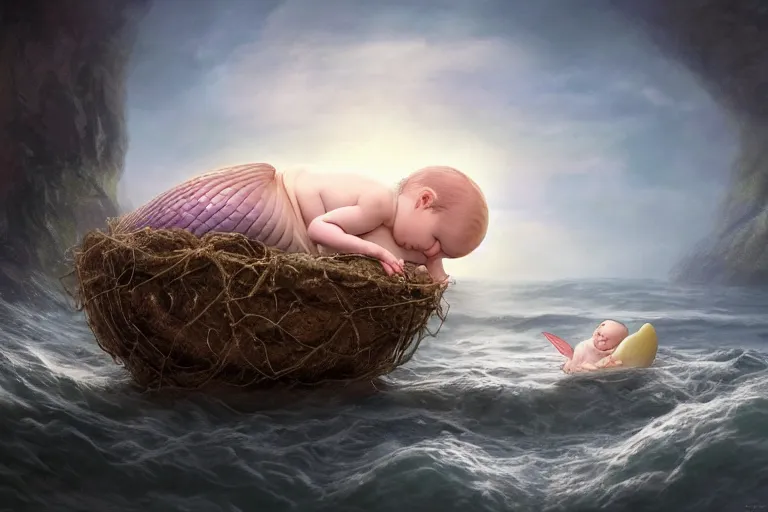 Prompt: a baby mermaid emerging out of an egg, matte painting, concept art, digital art, trending on artstation, 4 k, extremely detailed, realistic, fantasy art, anne geddes