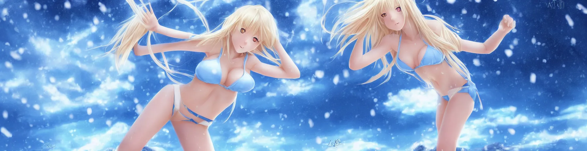Image similar to full body shot : a very beautiful young blond anime girl on a snowstorm, sky blue eyes,, bikini, miniskirt, highly detailed, cinematic wallpaper by stanley artgerm lau