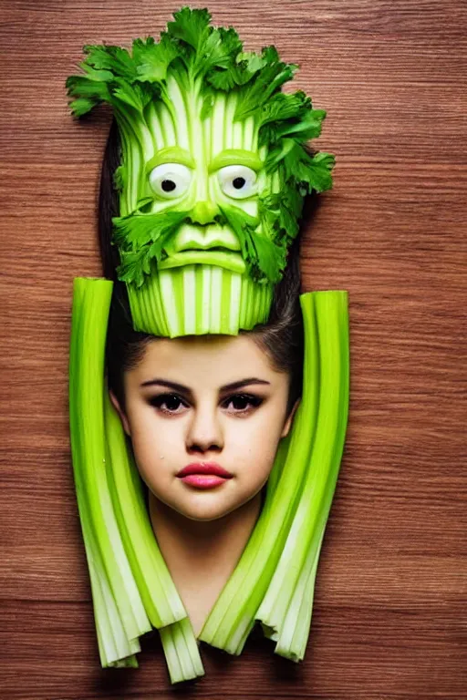 Prompt: selena gomez made out of celery, a human face with celery for hair, celery in the shape of a human face, a bunch of celery sitting on a cutting board, professional food photography