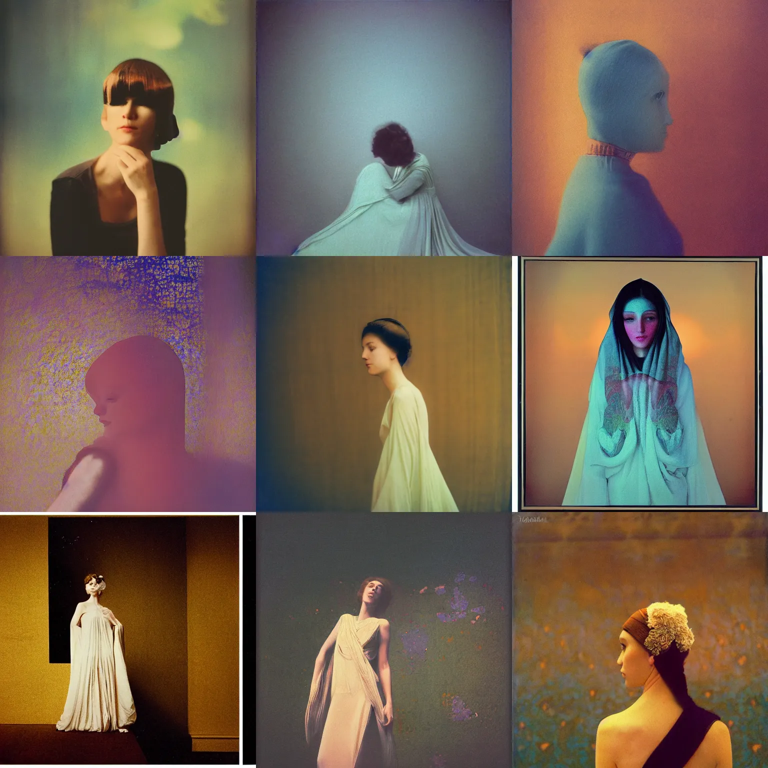 Prompt: long shot, kodak portra, 8 k, soft light, fine art portrait photography, face neck shoulders, fashion photography, background fractal muqarnas, maxfield parrish, camille vivier, moebius, james jean, yoji shinkawa, odilon redon, gaston bussiere, eugene grasset, janis rozentals