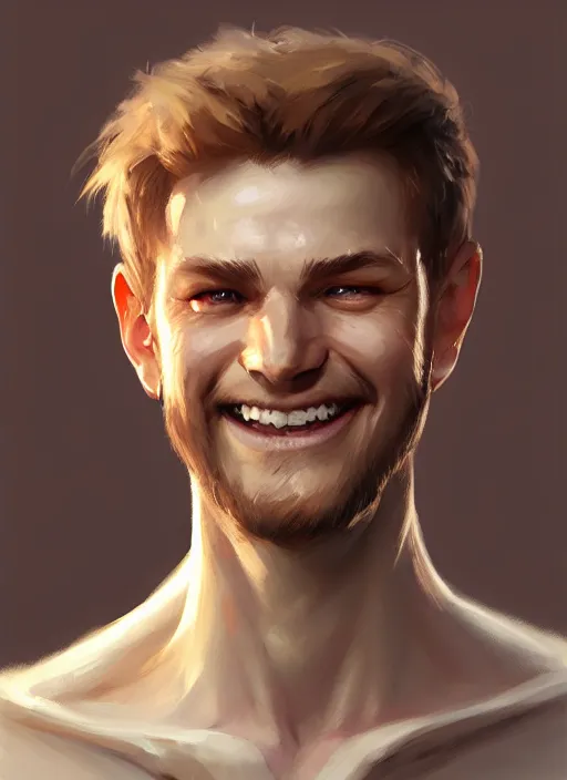 Prompt: a _ fantasy _ style _ portrait _ painting _ of white male short fringe light brown hair short face grinning, rpg dnd oil _ painting _ unreal _ 5 _ daz. _ rpg _ portrait _ extremely _ detailed _ artgerm _ greg _ rutkowski _ greg