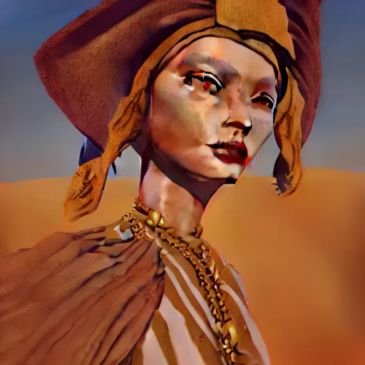 Image similar to giesha demon, innovative avant - garde art, deco fashion, asian desert nomad women, highly detailed, photorealistic portrait, serene desert setting, golden hour, crisp quality and light reflections, octane render