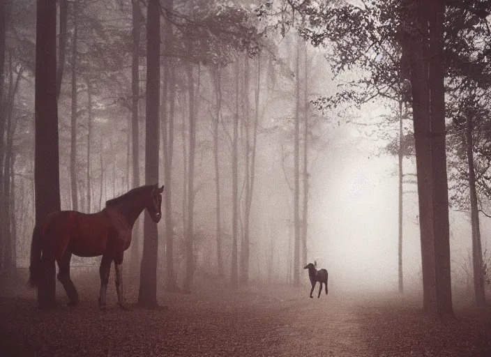 Prompt: medium shot, an evil horse is walking, woods, horror, fog, polaroid photo, vintage, neutral colors, by gregory crewdson,