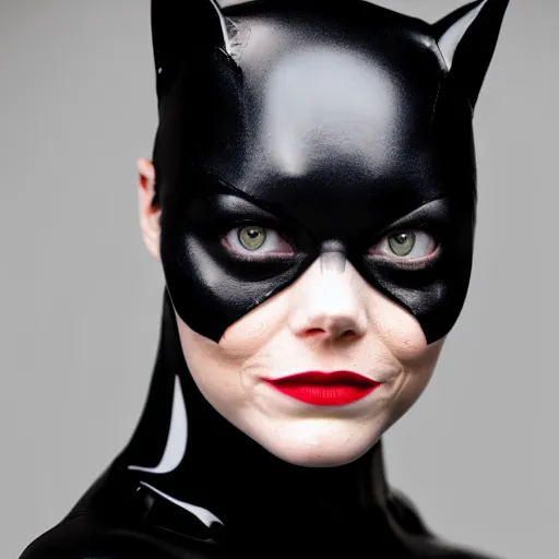 Image similar to Fully-clothed full-body portrait of Emma Stone as catwoman, XF IQ4, 50mm, F1.4, studio lighting, professional, 8K