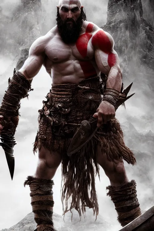 Image similar to film still from god of war, a highly detailed beautiful closeup photo of jason momoa kratos with long windblown wet hair holding a sword and fighting zombies on a pile of human skulls, spartan warrior, olympian god, muscular!,, action pose, ambient lighting, volumetric lighting, octane, fantasy