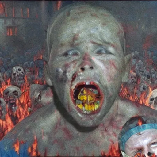 Image similar to selfie of a ukrainian screaming in pain and terrible injuries from a nuclear explosion, everything is on fire and radiation, in the background there are a lot of people like zombies, corpses and skeletons, a large nuclear explosion in the background, people are painted in yellow and blue, all dirty with severed limbs, doomsday