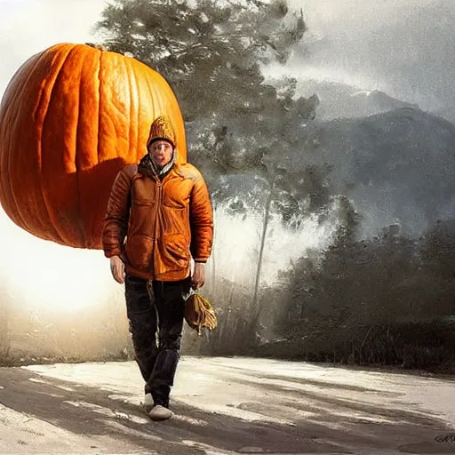 Image similar to epic masterpiece of cinematographic hyperrealism where a man dressed as a pumpkin appears, the background of the image is white. realistic shaded lighting poster by craig mallismo, artgerm, jeremy lipkin and michael garmash, unreal engine, radiant light, detailed and intricate environment, digital art, art station trends