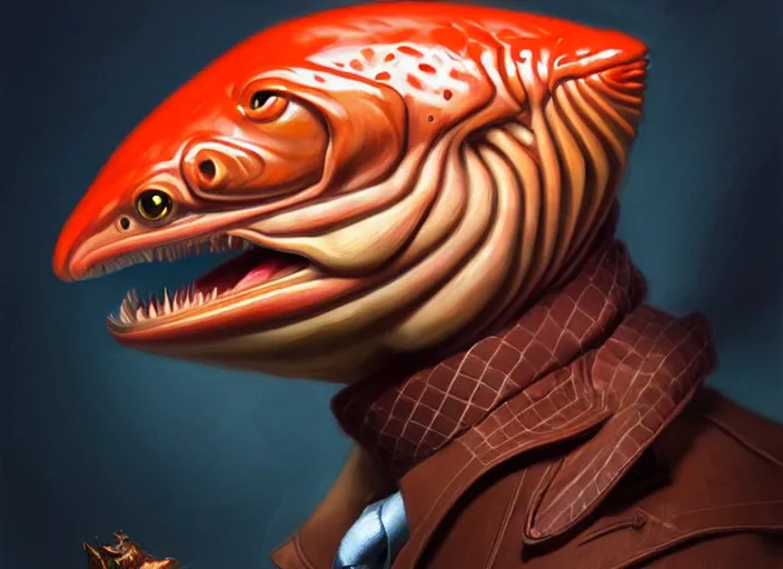 Prompt: a anthropomorphic salmon wearing a detective outfit, diffuse lighting, fantasy, film noir vibes, intricate, elegant, highly detailed, lifelike, photorealistic, digital painting, artstation, illustration, concept art, smooth, sharp focus, art by frank frazetta and marco bucci and loish and rossdraws and artgerm and alphonse mucha