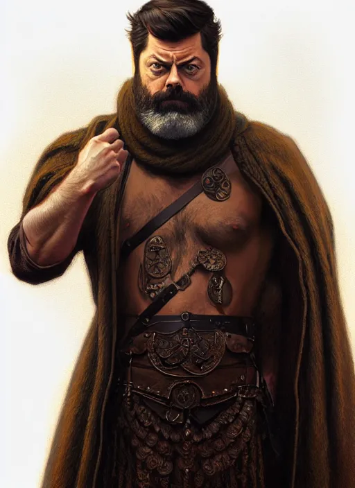 Image similar to portrait of nick offerman, long beard, intricate, leather robes! elegant, muscular! highly detailed, digital painting, artstation, concept art, smooth, sharp focus, illustration, art by artgerm and greg rutkowski and alphonse mucha