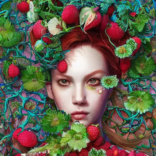 Image similar to the portrait of an absurdly beautiful, graceful, elegant, young woman made of strawberries and green petals, an ultrafine hyperdetailed illustration by kim jung gi, irakli nadar, intricate linework, bright colors, octopath traveler, final fantasy, angular, unreal engine 5 highly rendered, global illumination, radiant light, detailed and intricate environment