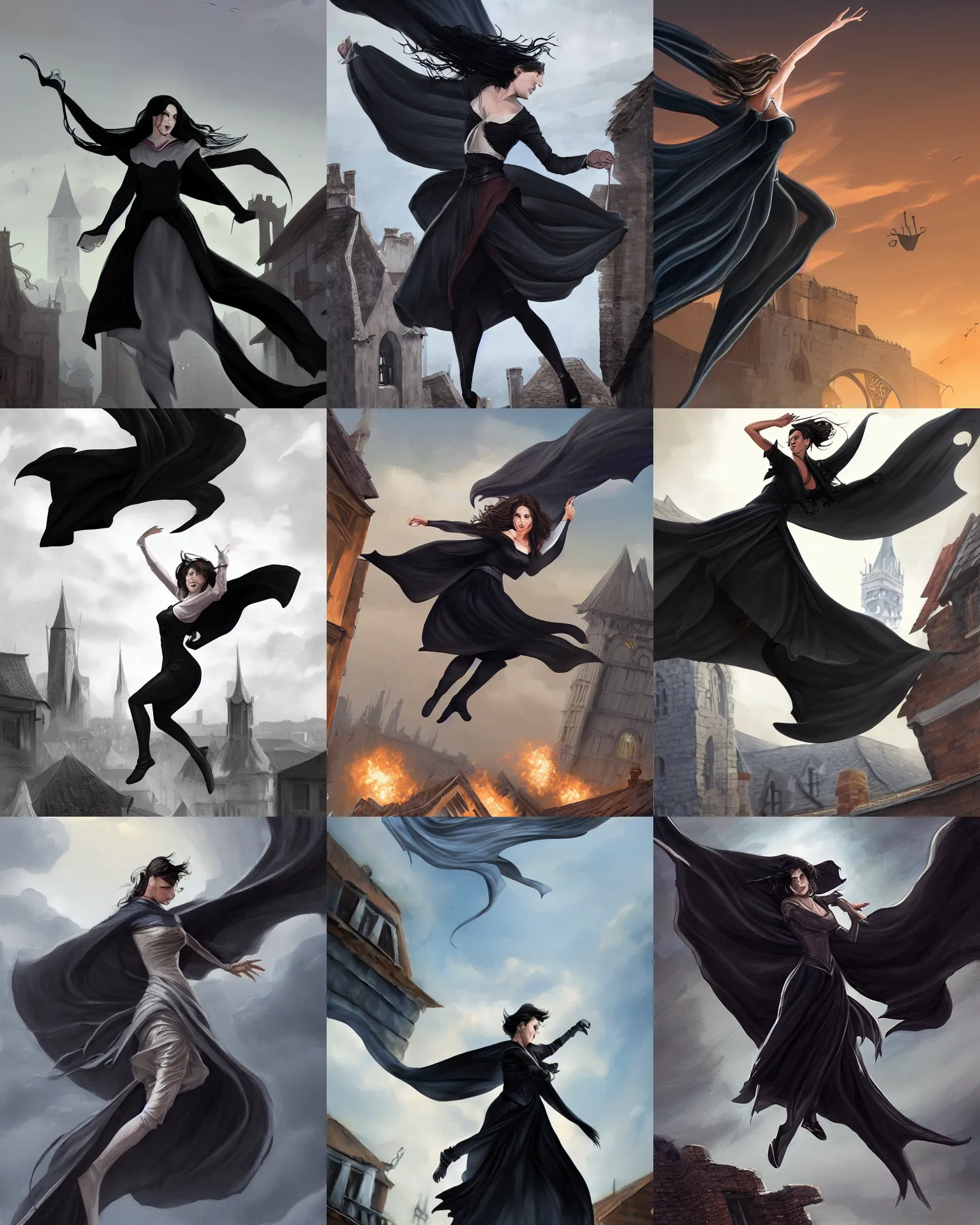 Prompt: illustration of lady vin from mistborn jumping from top of a house waving the cape with long strips of fabric, wearing black clothes and cape, medieval town landscape, trending on artstation