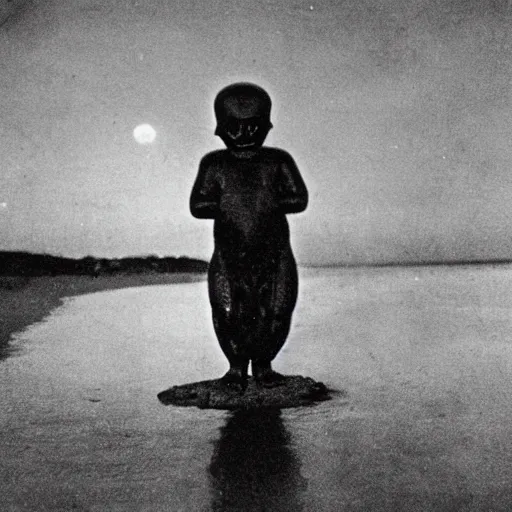 Prompt: an early 1 9 0 0 s photograph of a bioluminescent baby alien levitating above the beach, moonlight, nighttime