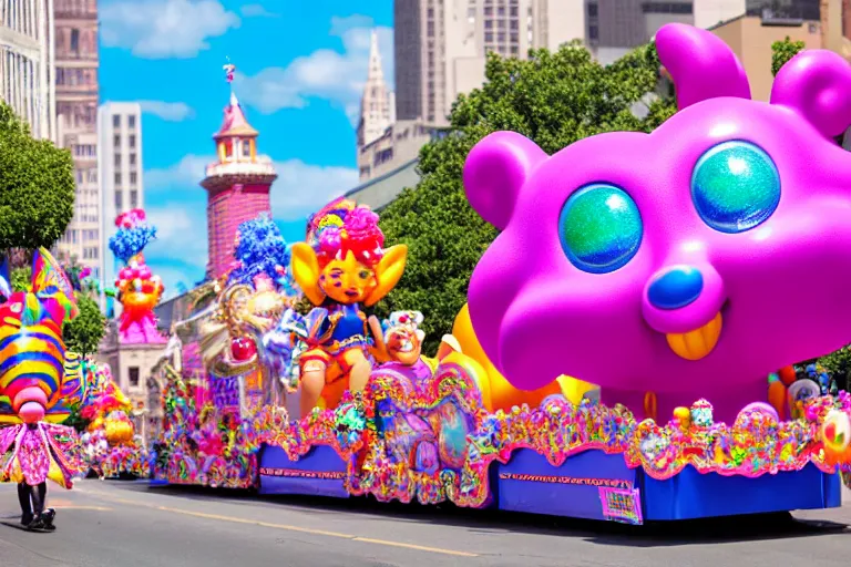 Prompt: photo of giant cute elaborate parade float character designed by ( ( ( ( ( ( ( ( lisa frank ) ) ) ) ) ) ) ) and bosch!!!!!!!!!!!!!!, in the macys parade, detailed 4 k photo,