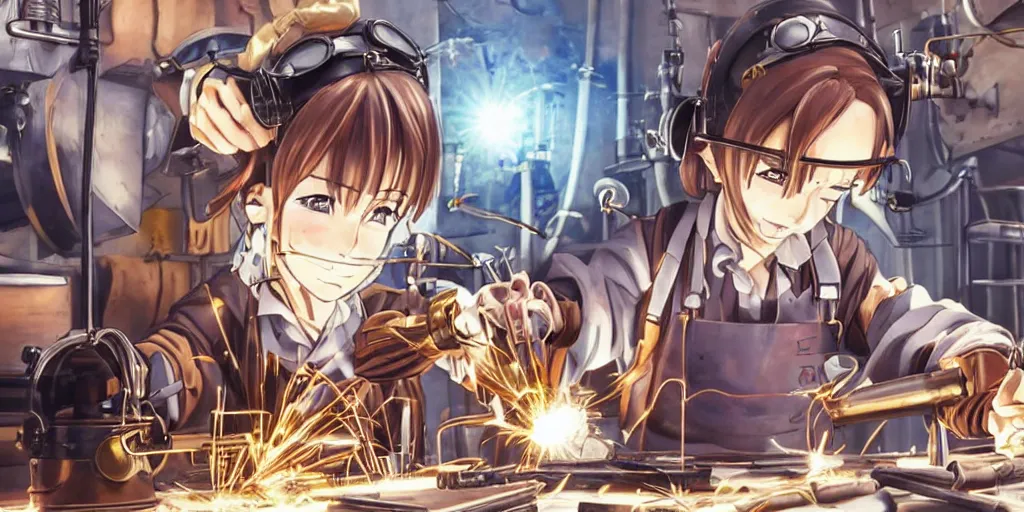Image similar to Anime key visual of a steampunk girl welding metal in her workshop, official media