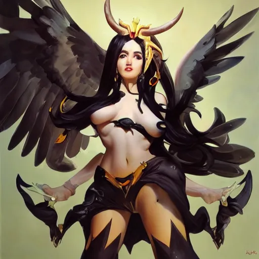 Image similar to greg manchess portrait painting of albedo from nazarick with dark long hair and white horns and wings as overwatch character, medium shot, asymmetrical, profile picture, organic painting, sunny day, matte painting, bold shapes, hard edges, street art, trending on artstation, by huang guangjian and gil elvgren and sachin teng