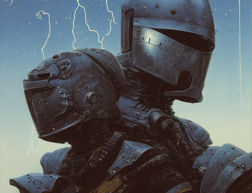 Image similar to a detailed portrait painting of a bounty hunter in combat armour and visor. cinematic sci-fi poster. Flight suit and wires, accurate anatomy. Samurai influence, fencing armour. portrait symmetrical and science fiction theme with lightning, aurora lighting. clouds and stars. Futurism by beksinski carl spitzweg moebius and tuomas korpi. baroque elements. baroque element. intricate artwork by caravaggio. Oil painting. Trending on artstation. 8k