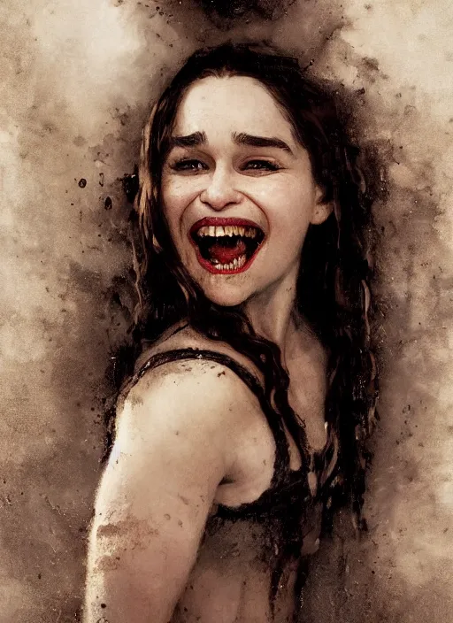 Image similar to smiling young emilia clarke vampire, mouth open, staring seductively, detailed by gaston bussiere, bayard wu, greg rutkowski, giger, maxim verehin, greg rutkowski, masterpiece, sharp focus, cinematic lightning