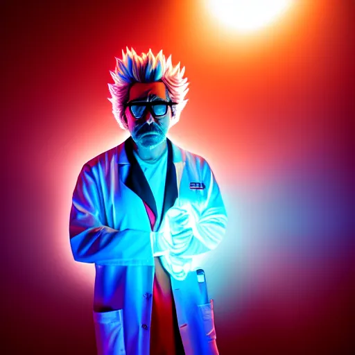 Image similar to portrait of rick sanchez, lab coat and tee shirt, lens flare, atmosphere, glow, detailed, intricate, full of colour, cinematic lighting, 4 k, hyperrealistic, focused, extreme details, cinematic, masterpiece