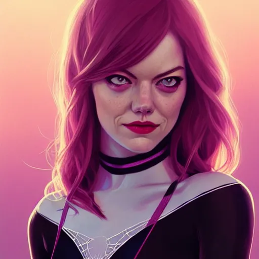 Image similar to beautiful Emma Stone as Spider-Gwen, western, closeup, D&D, fantasy, intricate, elegant, highly detailed, digital painting, artstation, concept art, matte, sharp focus, illustration, art by Artgerm and Greg Rutkowski and Alphonse Mucha