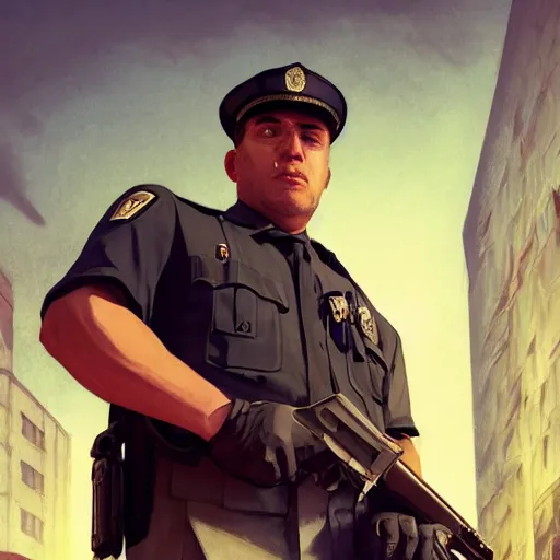 Prompt: highly detailed portrait, police officer, in gta v, stephen bliss, unreal engine, fantasy art by greg rutkowski, loish, rhads, ferdinand knab, makoto shinkai and lois van baarle, ilya kuvshinov, rossdraws, tom bagshaw, global illumination, radiant light, detailed and intricate environment