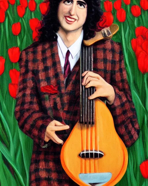 Prompt: tiny tim with long curly black hair wearing a plaid suit tiptoes thru the tulips holding his ukelele full portrait shot