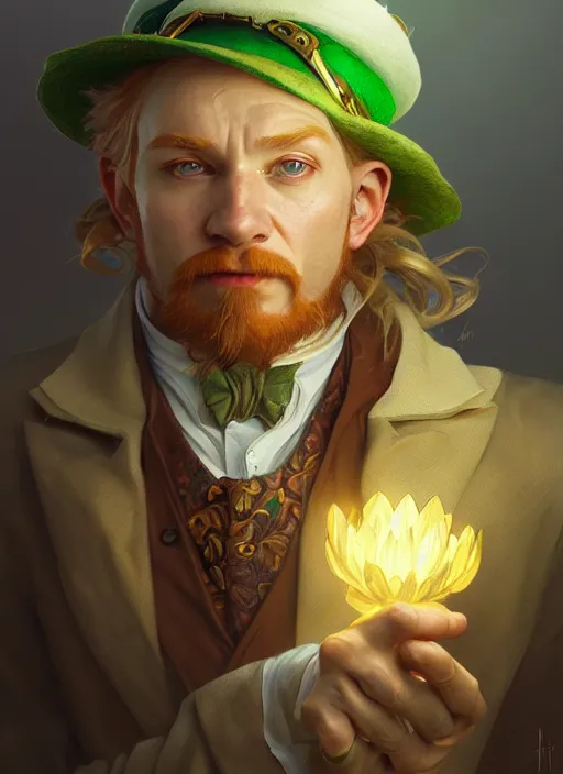 Image similar to portrait of leprechaun, intricate, elegant, highly detailed, digital painting, artstation, concept art, smooth, sharp focus, illustration, art by artgerm and greg rutkowski and alphonse mucha, 8 k