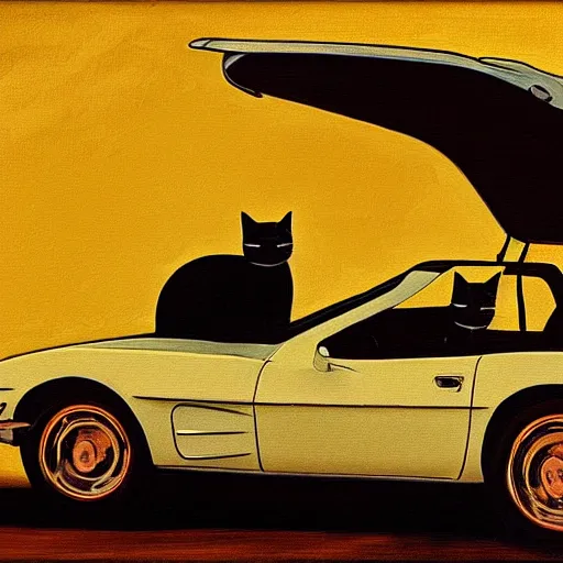 Image similar to corvette with cats sitting in and on the car, old dutch painting, golden hour, shadows, wide shot